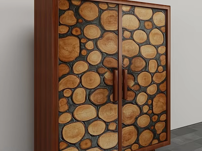 Modern Decorative Cabinet With Wooden Slice Patterns On Double Doors 3d model