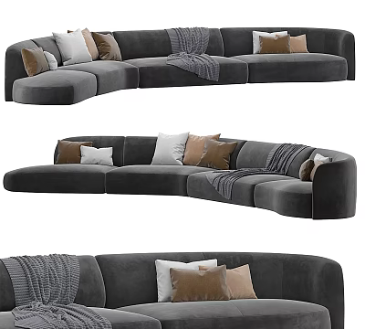 Gray Curved Sectional Sofa Velvet Upholstered With Plush Pillows And Throw Blanket 3d model