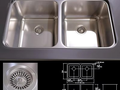 Stainless Steel Double Bowl Kitchen Sink With Drain Design And Technical Dimensions 3d model