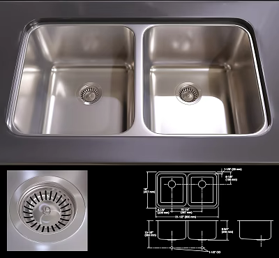 Stainless Steel Double Bowl Kitchen Sink With Drain Design And Technical Dimensions 3d model
