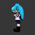 3D Game Movie Character With Teal Hair Pink Eyes White Top Blue Shorts Arms Outstretched