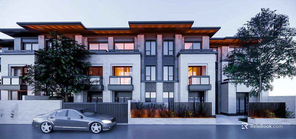 Modern Traditional Townhouse Exterior Design With Balconies Windows Greenery And Parked Car 3d model 