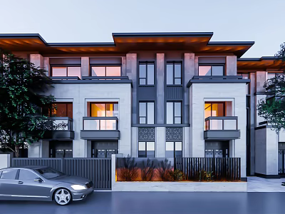 Modern Traditional Townhouse Exterior Design With Balconies Windows Greenery And Parked Car 3d model