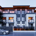 Modern Traditional Townhouse Exterior Design With Balconies Windows Greenery And Parked Car