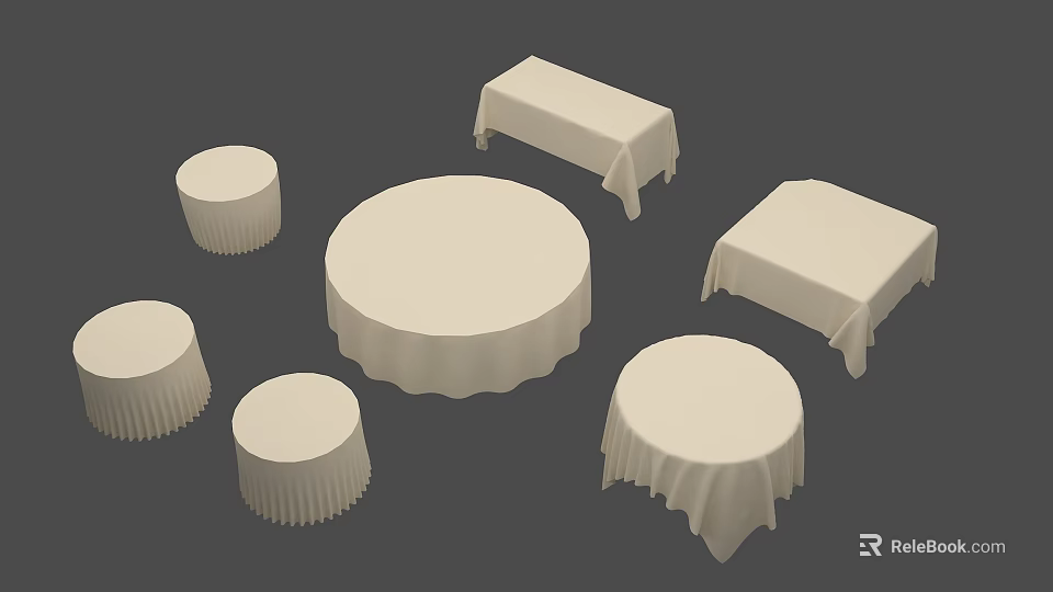 Collection of White Tablecloths on Different Shaped Tables With Wrinkled Design 3d model 