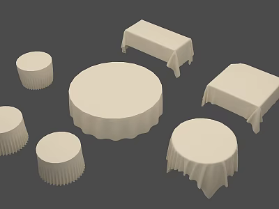 Collection of White Tablecloths on Different Shaped Tables With Wrinkled Design 3d model