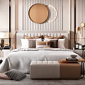 Modern Elegant Bedroom Interior With Upholstered Headboard Multiple Pillows And Circular Mirrors 3d model