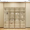Modern Cream White Open Sideboard With Glass Doors And Displayed Bowls Plates Vases