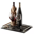 Elegant Wine Bottles And Glasses With Red Wine Filled Empty Glasses Leather Pouch Wooden Tray