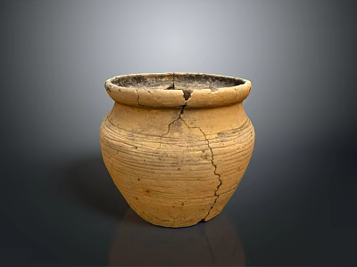 Ancient Handcrafted Clay Pot With Sculpture Carving Striped Decoration And Cracked Surface 3d model