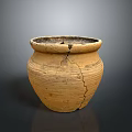Ancient Handcrafted Clay Pot With Sculpture Carving Striped Decoration And Cracked Surface