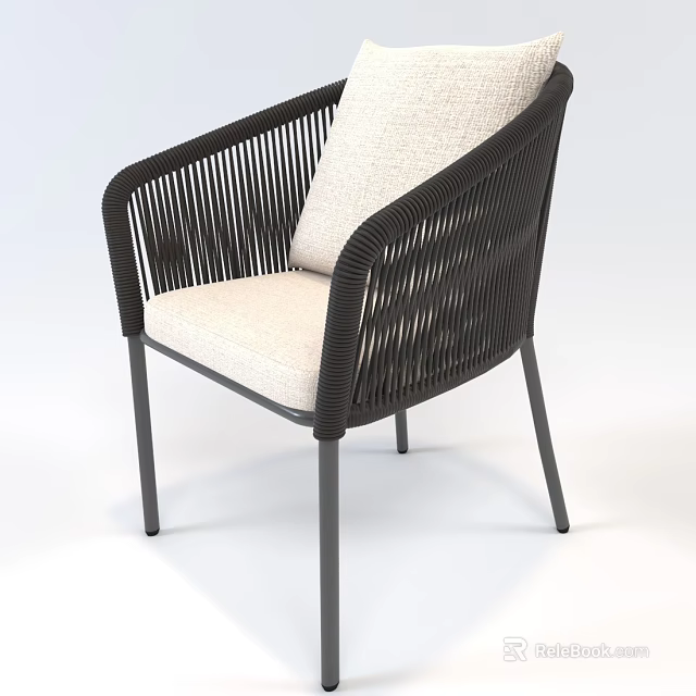 Modern Single Chair with Black Rattan Frame Beige Cushioned Seat and Metal Legs 3d model 