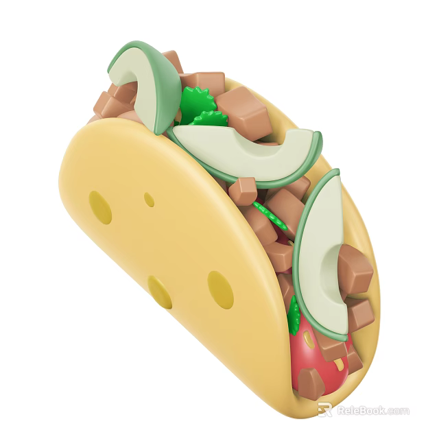 Fresh Taco With Avocado Slices Meat Chunks Lettuce Tomato And Cheese In Yellow Tortilla 3d model 