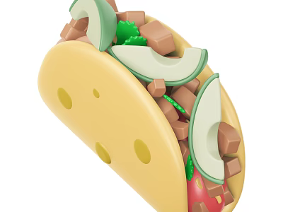 Fresh Taco With Avocado Slices Meat Chunks Lettuce Tomato And Cheese In Yellow Tortilla 3d model