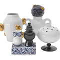 Stylish Ceramic Vessels Collection With White Black And Gold Accents And Patterned Base