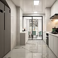 Modern Open Kitchen Interior With White Cabinets Marble Floor Dining Table And Appliances 3d model