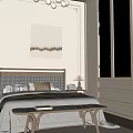 Modern Double Bed With Wooden Woven Headboard White Striped Bedding Bedside Lamp And Neutral Curtains