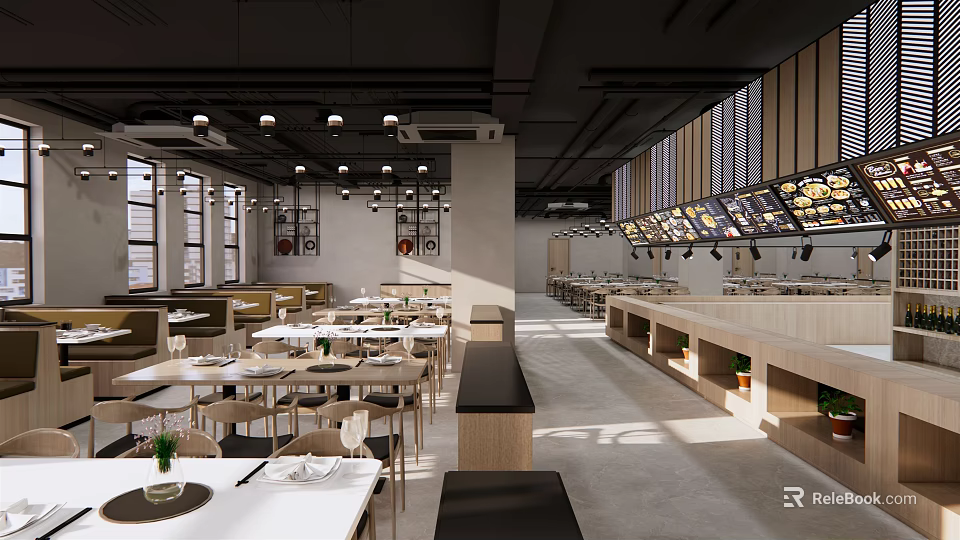 Modern Restaurant Interior With Tables Chairs Counter And Open Layout Lighting 3d model