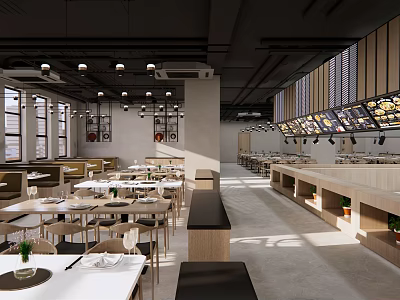 Modern Restaurant Interior With Tables Chairs Counter And Open Layout Lighting 3d model