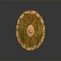 Medieval Wooden Shield With Decorative Ornate Edges Central Metal Boss Green And Orange Patterns