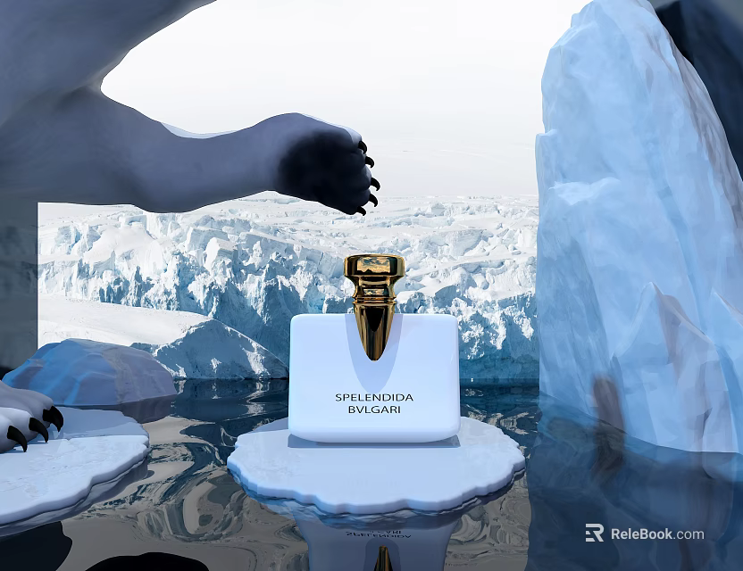 Luxury Gold Perfume Bottle Display Featuring Polar Bear Paw and Iceberg Setting 3d model 