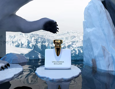 Luxury Gold Perfume Bottle Display Featuring Polar Bear Paw and Iceberg Setting 3d model
