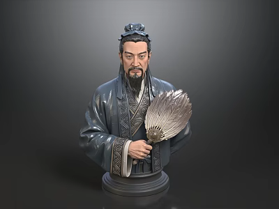 Detailed Ancient Man Statue Wearing Traditional Robes Holding Feather Fan 3d model