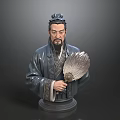 Detailed Ancient Man Statue Wearing Traditional Robes Holding Feather Fan
