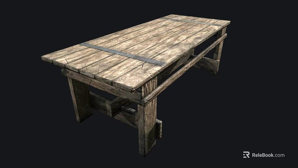 Vintage Rustic Wooden Plank Table With Metal Straps And Sturdy Legs Design 3d model 