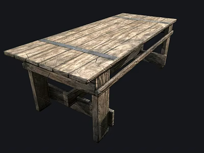 Vintage Rustic Wooden Plank Table With Metal Straps And Sturdy Legs Design 3d model
