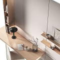 Modern Wooden Desk With Table Lamp Books And Open Wall Shelves Decor