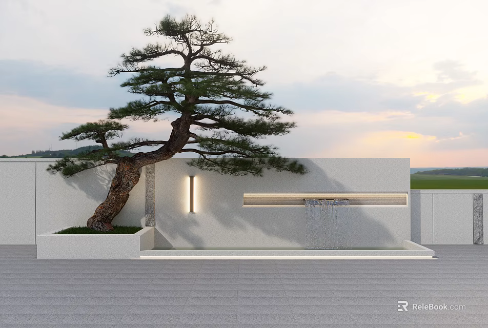 Japanese Pine Tree By Modern Wall With Waterfall Feature Lighting And Evening Sky 3d model