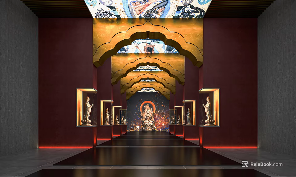 Sacred Religious Hall With Buddha Statue Mural Art And Golden Arched Decorations 3d model 