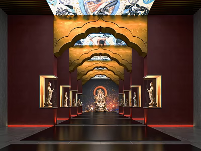 Sacred Religious Hall With Buddha Statue Mural Art And Golden Arched Decorations 3d model