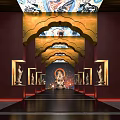 Sacred Religious Hall With Buddha Statue Mural Art And Golden Arched Decorations