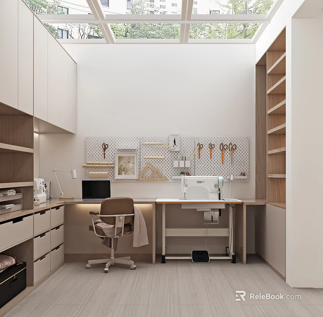 Modern Public Office Space Featuring White Cabinets Workbench And Pegboard Tools 3d model 
