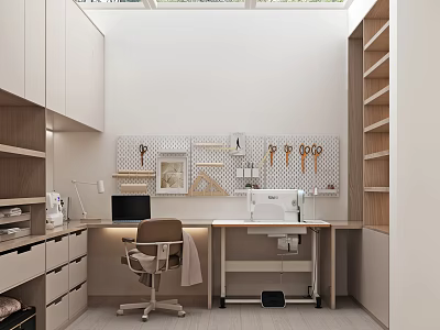 Modern Public Office Space Featuring White Cabinets Workbench And Pegboard Tools 3d model