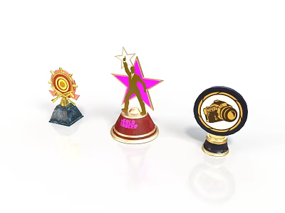Different Trophy Designs With Star Shaped Camera Icon Gold Accents And Colorful Bases 3d model