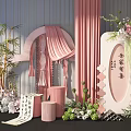Festive Pink Floral Installation With Bamboo Calligraphy Scroll And White Decor Elements 3d model