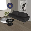 Modern Two-Seater Leather Sofa Interior With Round Coffee Table Green Plants And Abstract Painting