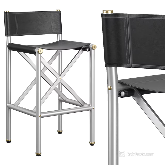 Black Leather Bar Stools With Silver Metal X Shaped Legs And Gold Accents 3d model 
