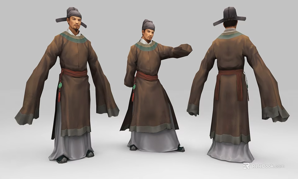 Ancient Style Game and Movie Character Brown Robe Green Collar Belt Hat in Different Angles 3d model 