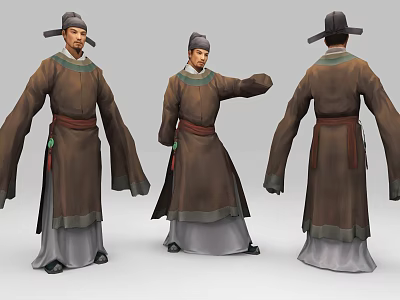 Ancient Style Game and Movie Character Brown Robe Green Collar Belt Hat in Different Angles 3d model