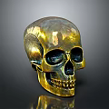 Golden Metallic Human Skull Decorative Sculpture With Detailed Facial Features And Glossy Surface