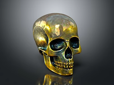 Golden Metallic Human Skull Decorative Sculpture With Detailed Facial Features And Glossy Surface 3d model
