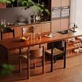 Modern Kitchen Bar Counter With Wooden Top Chairs Fruit Vase And Cabinets
