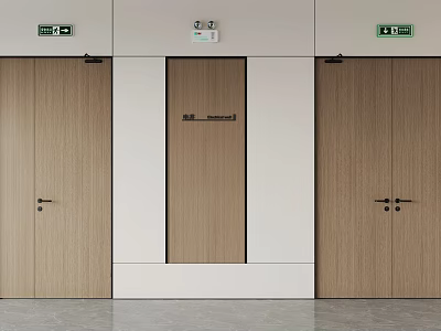 Fire Safety Equipment With Emergency Exit Signs Above Doors In Building Interior 3d model