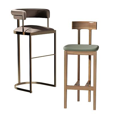 Modern Bar Stools With Metal Frame Dark Seat And Wooden Frame Green Cushion 3d model
