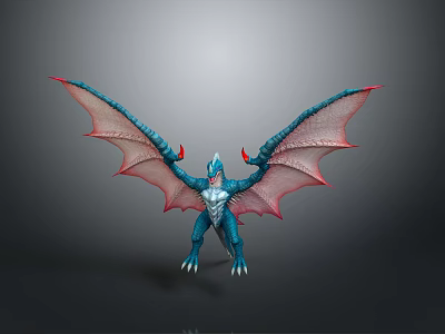 Blue Horned Fantasy Creature Standing With Red Membrane Wings And Clawed Feet 3d model