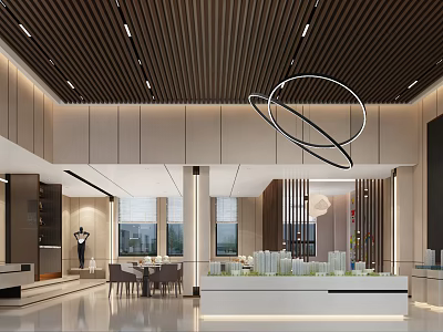 Modern Luxury Sales Office Interior With Sand Table Model Chandelier And Tables Chairs 3d model
